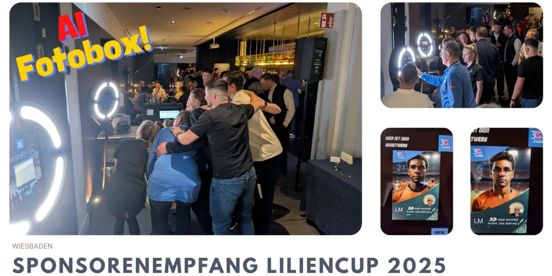 Eine Gruppe von Sponsoren umarmt sich für ein Foto an einer KI-Fotobox auf dem Sponsorempfang des Lilliencups. Die Fotobox erstellt eine digitale Spielerkarte von jedem Gast, die an die Designs des Lilliencups angelehnt ist.
