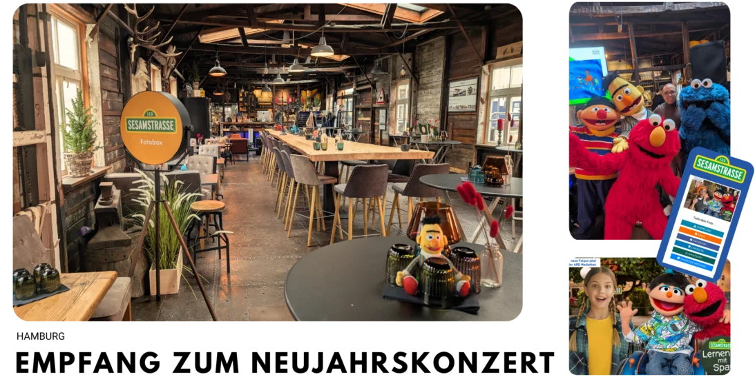 Eine Collage zeigt eine Fotobox im Stil der Sesamstraße in einem rustikalen Restaurant. Auf weiteren Bildern sind Besucher mit den Figuren Ernie, Elmo, dem Krümelmonster und Bert sowie eine digitale Ansicht der Fotobox-Bilder zu sehen.