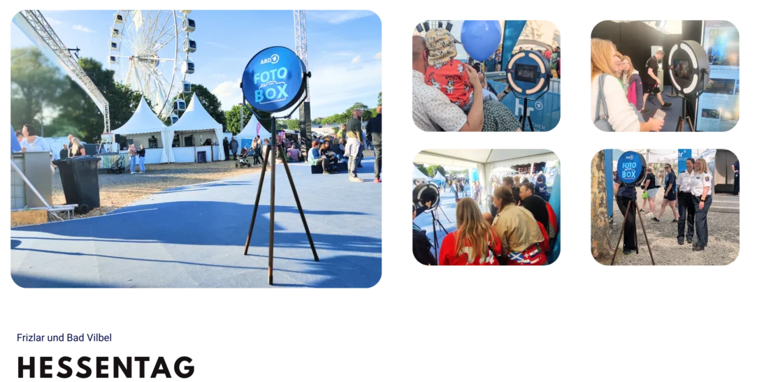 Eine Collage von vier Bildern, die eine ARD-Fotobox auf dem Hessentag zeigen. Besucher und Familien nutzen die Fotobox im Freien für Schnappschüsse. Im Hintergrund sind Karussells und Stände zu sehen.